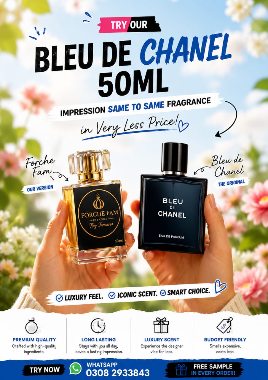 Advertisement for Bleu de Chanel perfume with two bottles held in hands against a floral background.